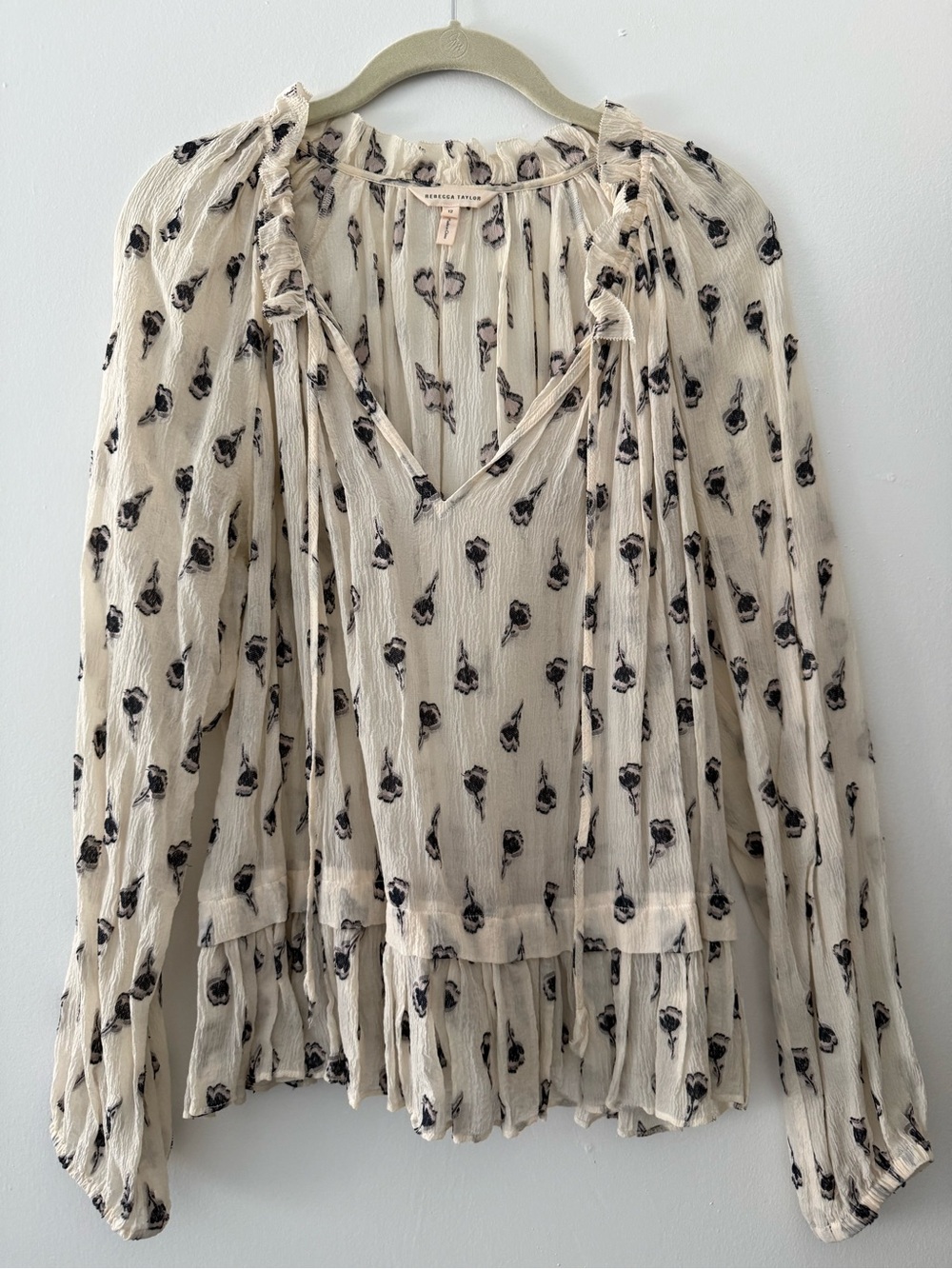 Rebecca Taylor Black Floral Cream Ruffle Blouse